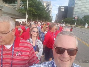 Waiting in line for the welcome event. Massive security here and all over downtown Cleveland.