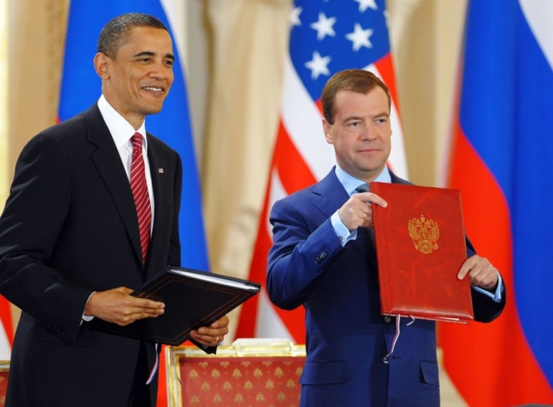 Presidents Obama and Medvedev after signing of New START in Prague, April 2010
